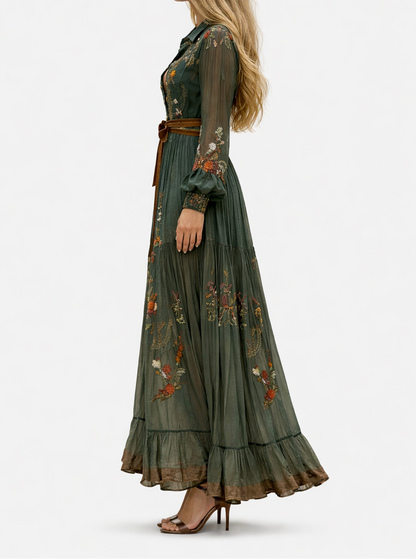 Women's Floral Embroidered Maxi Dress with Belt and V Neck