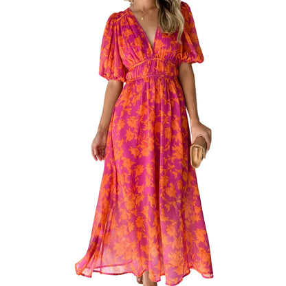 Women's Floral Maxi Dress With V Neckline and Elastic Waist