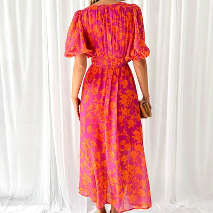 Women's Floral Maxi Dress With V Neckline and Elastic Waist