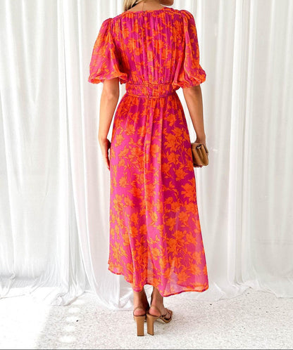 Women's Summer Floral Midi Dress with Puff Sleeves and V-neck