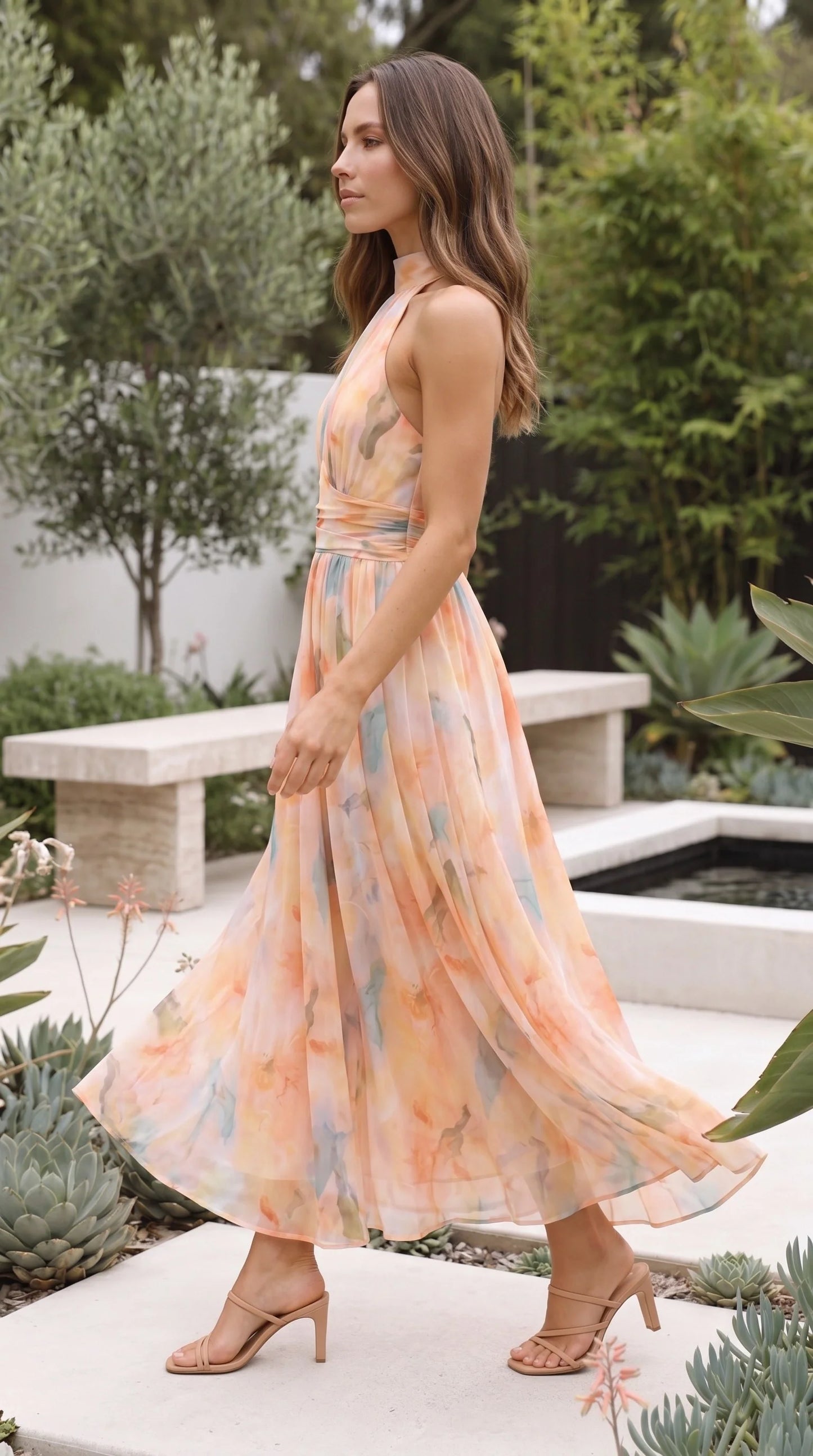 Women’s Halter Neck Pleated Floral Print Maxi Dress