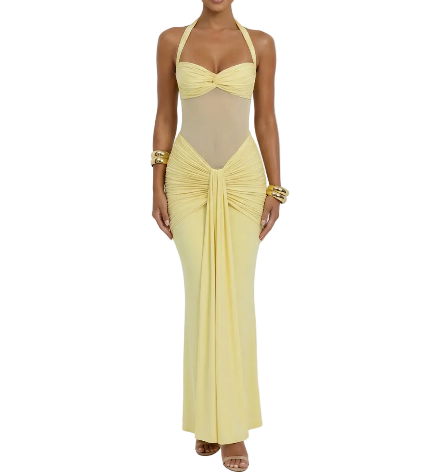Women's Halter Neck Maxi Dress with Mesh Ruched Waist