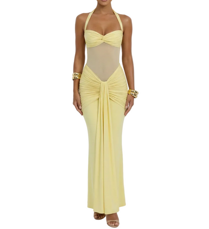 Women's Halter Neck Maxi Dress with Mesh Ruched Waist