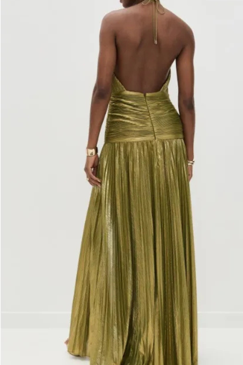 Saffron | Women Halter Neck Pleated Satin Wedding Guest Maxi Dress