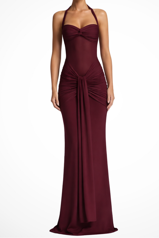 Celine | Women Halter Neck Ruched Wedding Guest Maxi Dress