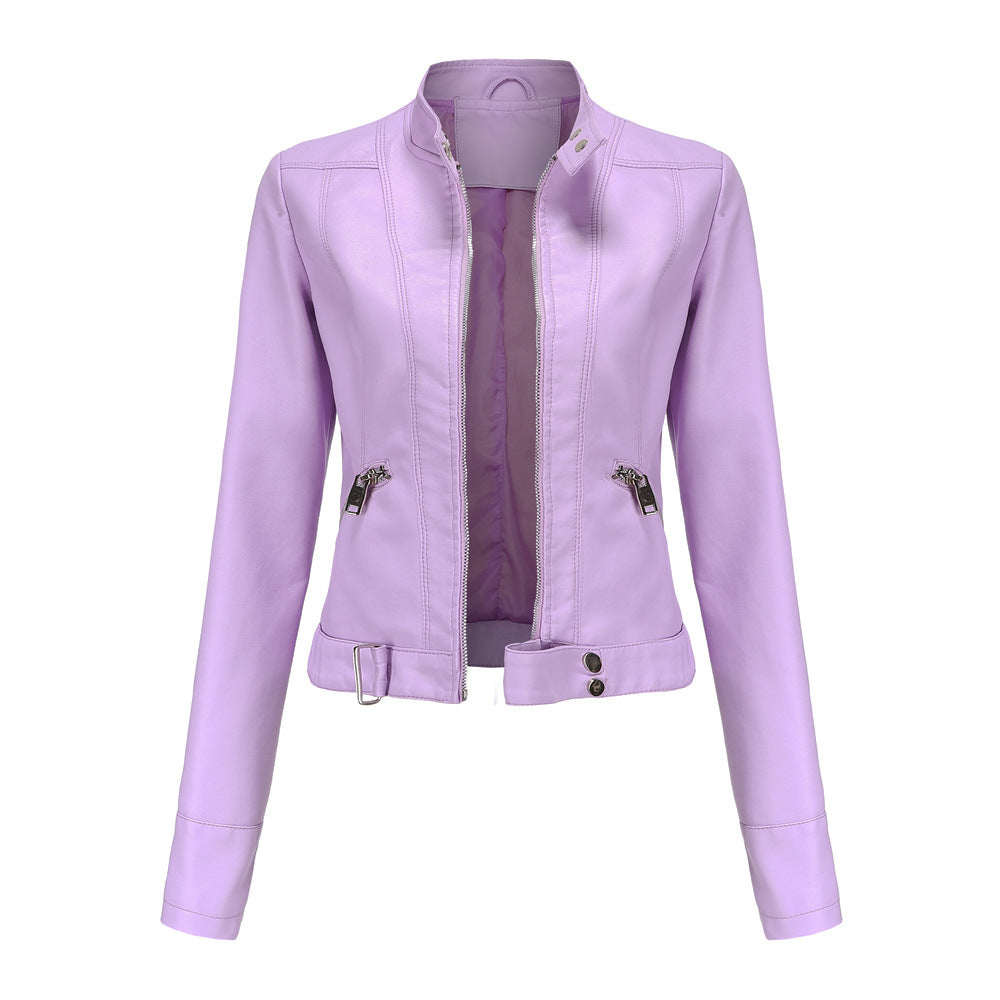 Women’s High-Collar PU Leather Jacket – Slim Fit Moto Style with Zip Details