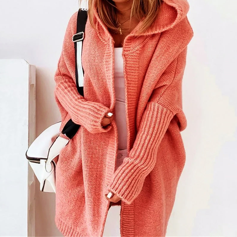 Women's Knitted Long Cardigan with Hood