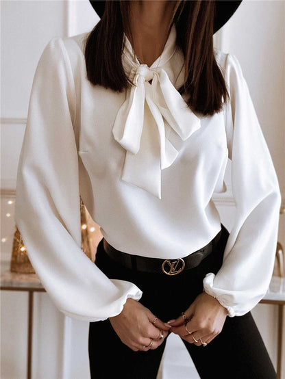Women's Long Sleeve Blouse With Bow Tie Neckline