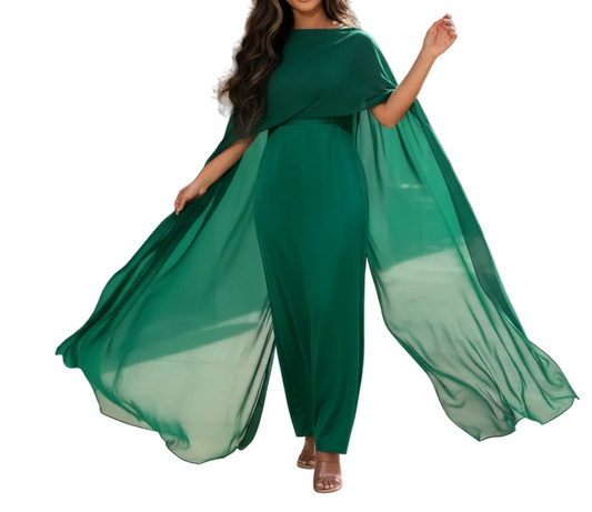 Ellen | Women Satin Maxi Evening Dress Cape Overlay Boat Neck