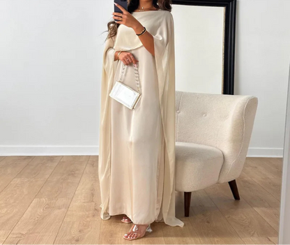 Ellen | Women Satin Maxi Evening Dress Cape Overlay Boat Neck