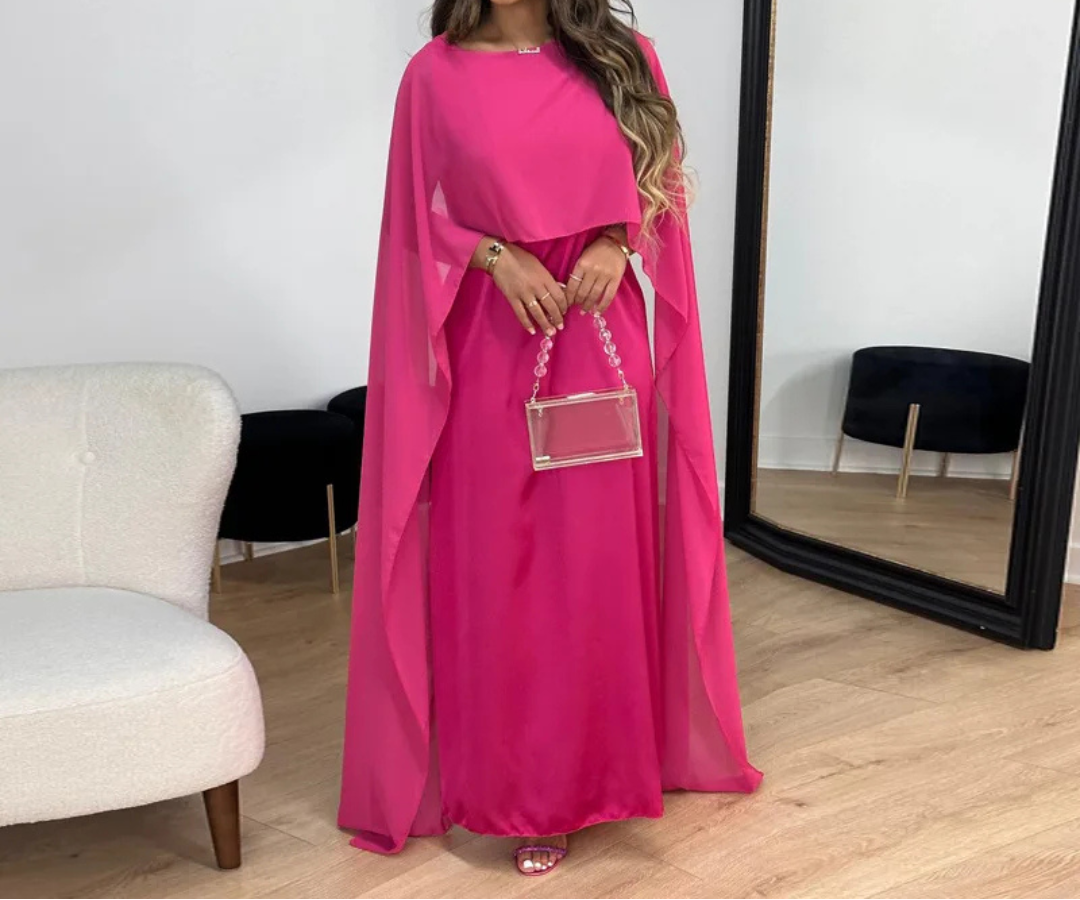 Ellen | Women Satin Maxi Evening Dress Cape Overlay Boat Neck