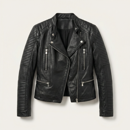Women’s Moto Leather Jacket – Slim Fit Zip-Up Biker Style Coat