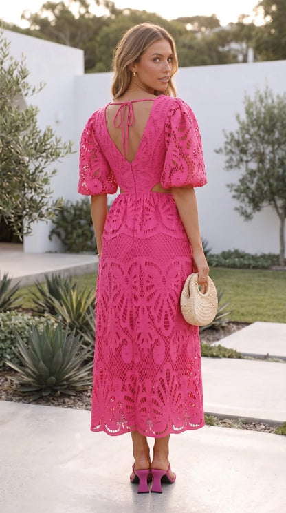 Women's Puff Sleeve V Neck Crochet Lace Midi Dress
