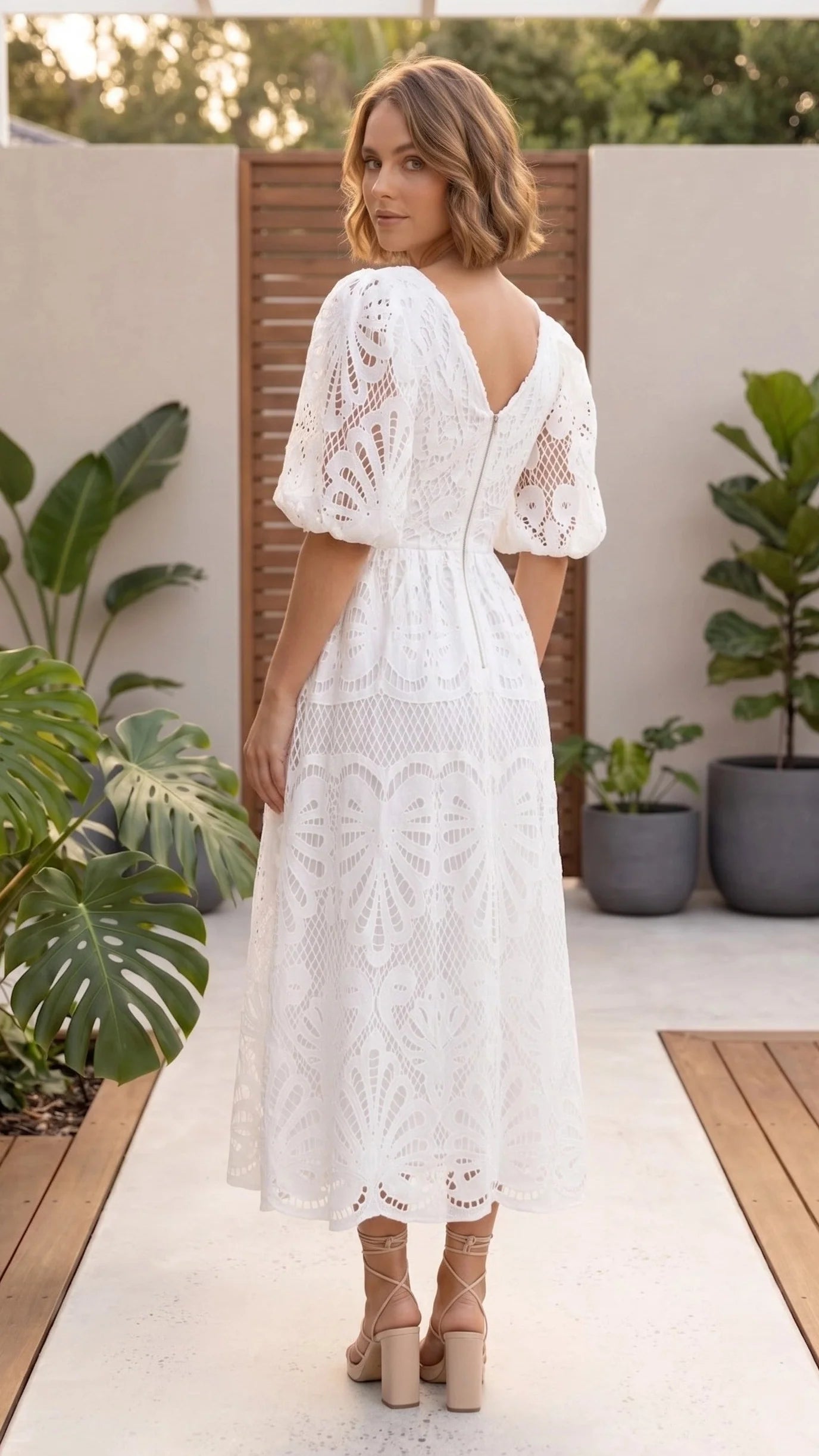 Women's Puff Sleeve V Neck Crochet Lace Midi Dress