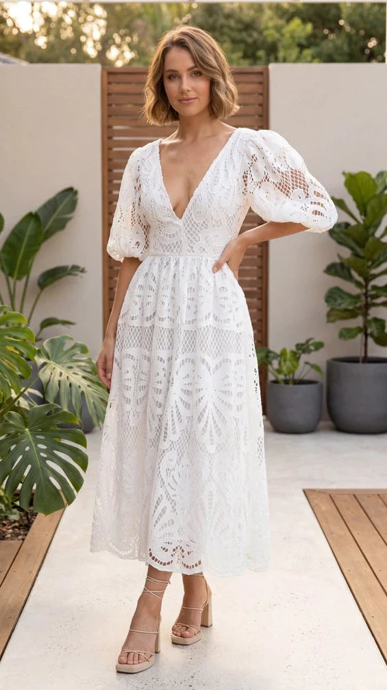 Women's Puff Sleeve V Neck Crochet Lace Midi Dress