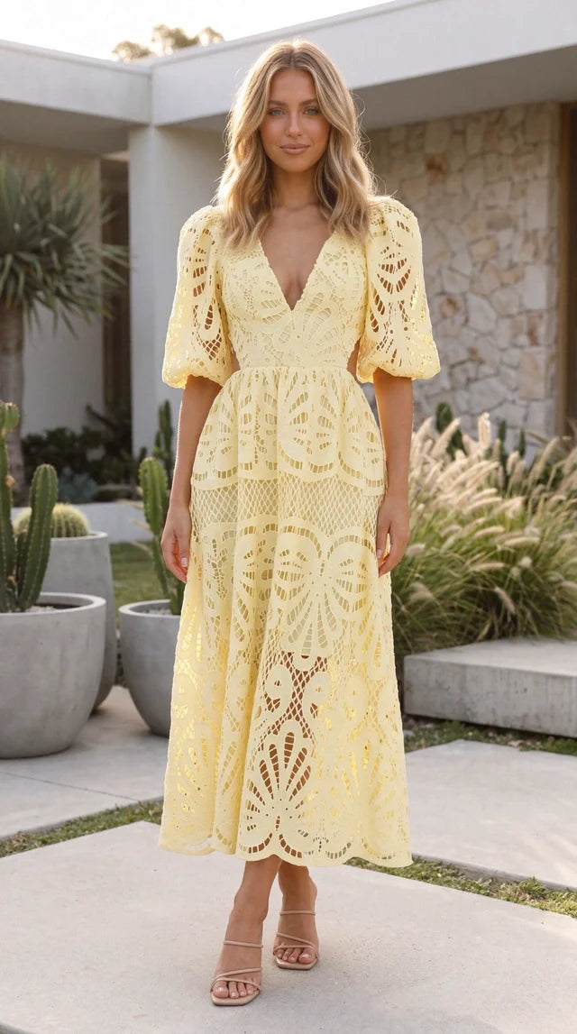 Women's Puff Sleeve V Neck Crochet Lace Midi Dress
