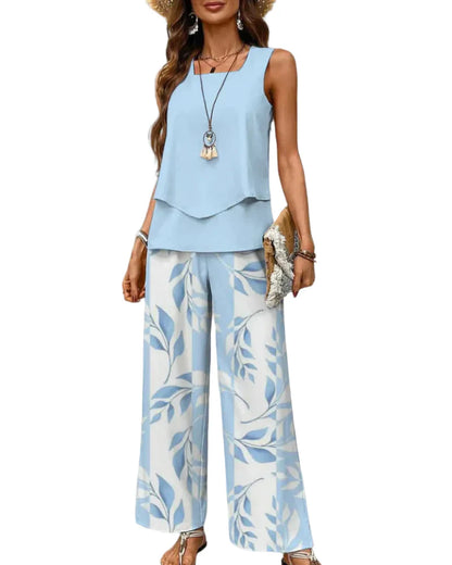 Women's Two Piece Set Sleeveless Top and Wide Leg Printed Pants