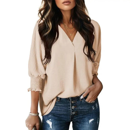 Women's V Neck 3/4 Sleeve Blouse with Smocked Cuffs