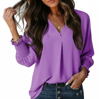 Women's V Neck 3/4 Sleeve Blouse with Smocked Cuffs