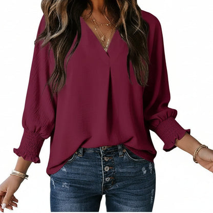 Women's V Neck 3/4 Sleeve Blouse with Smocked Cuffs