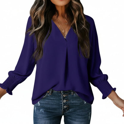 Women's V Neck 3/4 Sleeve Blouse with Smocked Cuffs