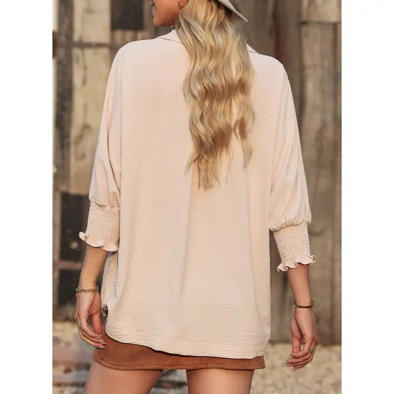 Women's V Neck 3/4 Sleeve Blouse with Smocked Cuffs