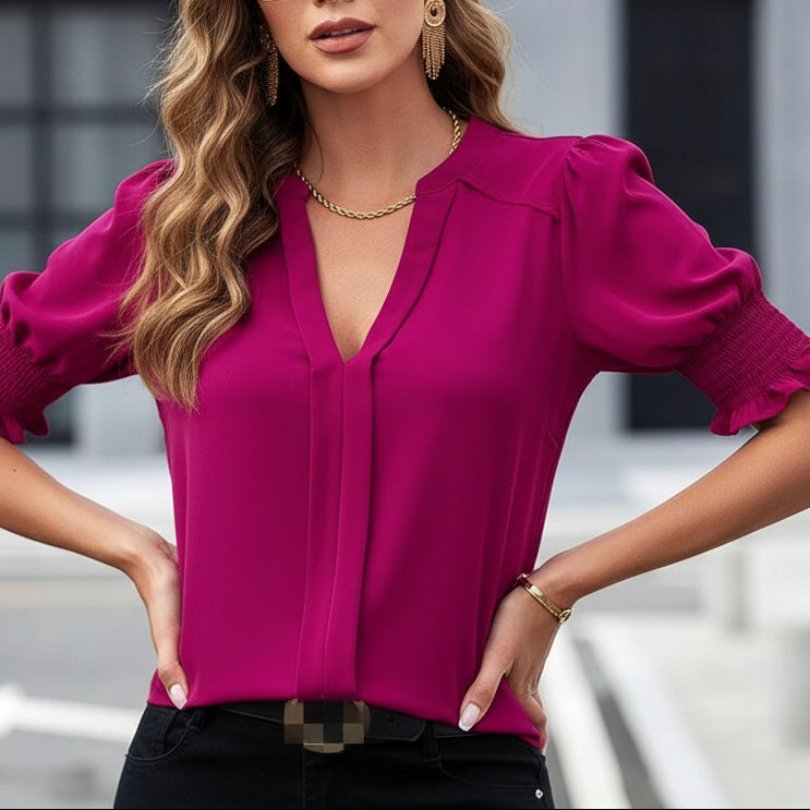 Women's V Neck Puff Sleeve Blouse with Smocked Cuffs, Chiffon Top with Ruffle Trim & Front Pleat, Casual & Work