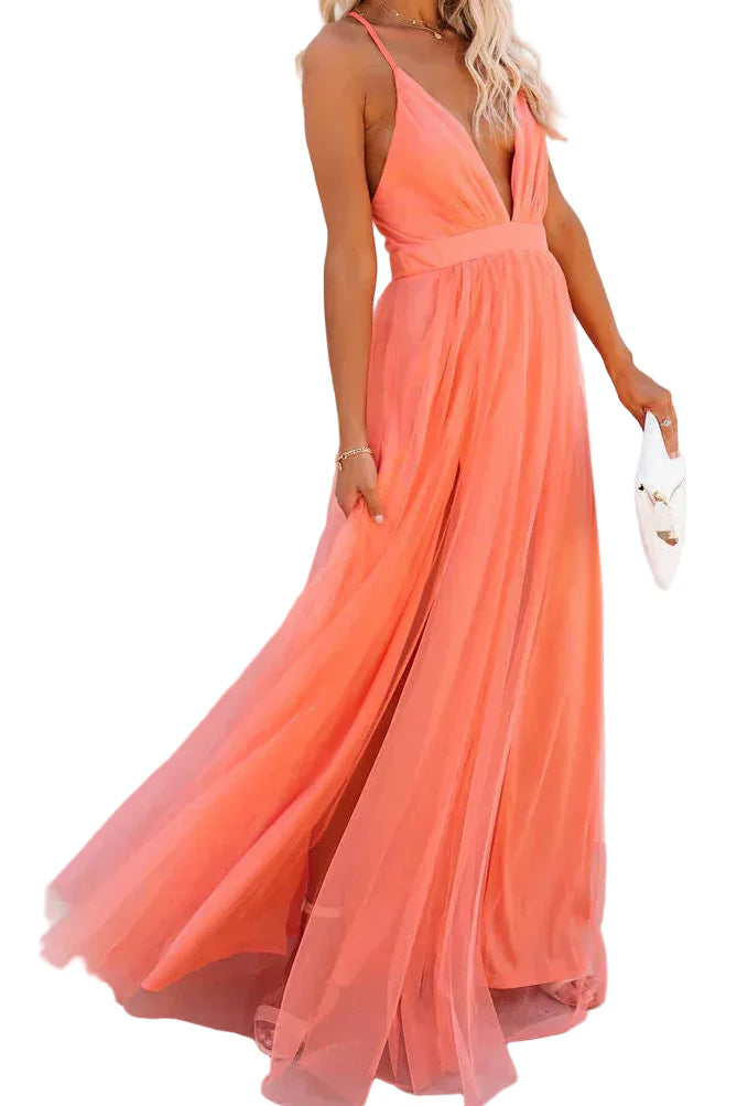 Women's Wedding Guest V Neck Strappy Maxi Dress