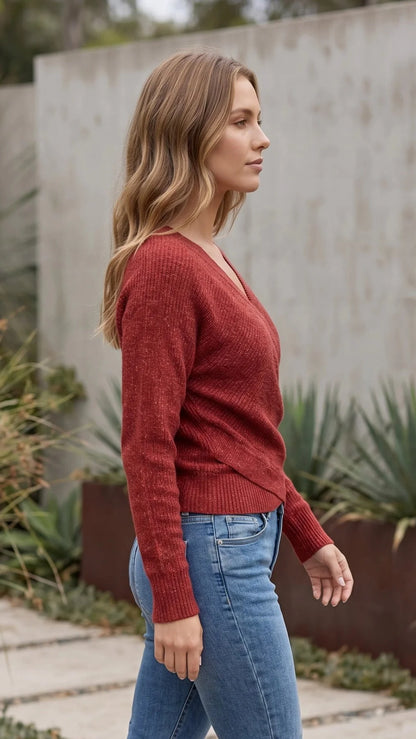 Women’s V Neck Wrap Style Knit Top With Ruched Detail