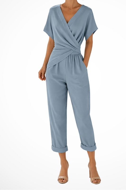 Celeste | Women Wrap Front Short Sleeve Cropped Jumpsuit with Pockets