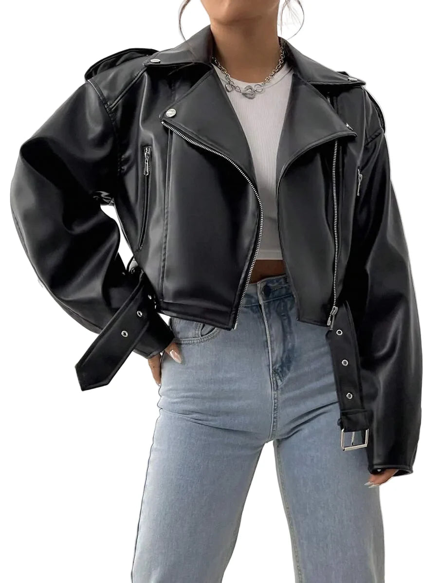 SHEIN Unity Women's Fashionable Stand Collar Zipper Moto Jacket, Autumn Fall Winter Cloth For Women