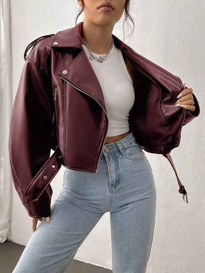 SHEIN Unity Women's Fashionable Stand Collar Zipper Moto Jacket, Autumn Fall Winter Cloth For Women