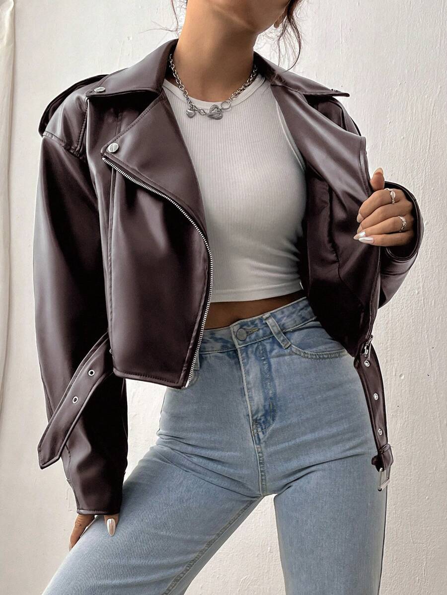 SHEIN Unity Women's Fashionable Stand Collar Zipper Moto Jacket, Autumn Fall Winter Cloth For Women