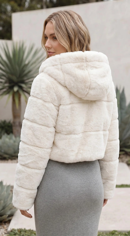Women's Zip Up Cropped Hooded Faux Fur Jacket