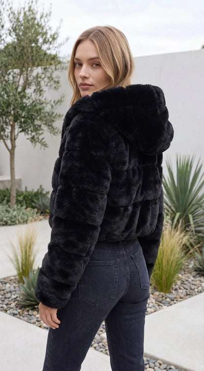 Women's Zip Up Cropped Hooded Faux Fur Jacket