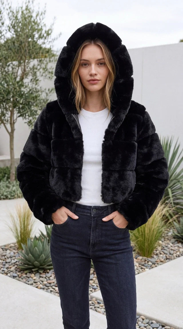 Women's Zip Up Cropped Hooded Faux Fur Jacket