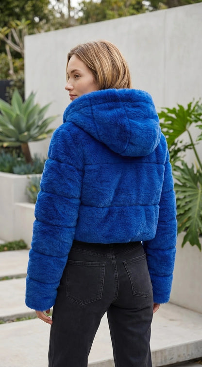 Women's Zip Up Cropped Hooded Faux Fur Jacket