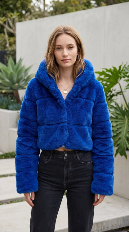 Women's Zip Up Cropped Hooded Faux Fur Jacket