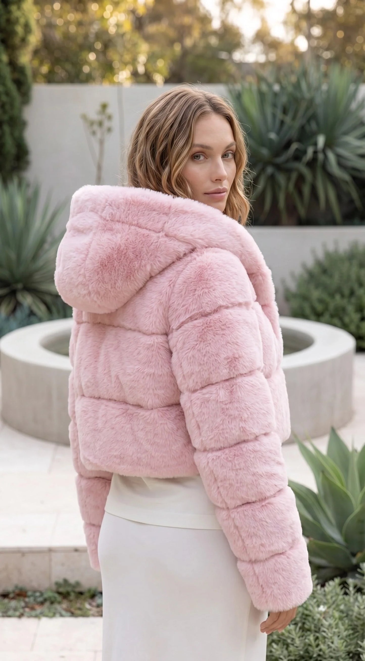 Women's Zip Up Cropped Hooded Faux Fur Jacket