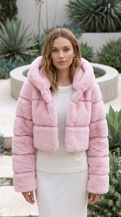 Women's Zip Up Cropped Hooded Faux Fur Jacket