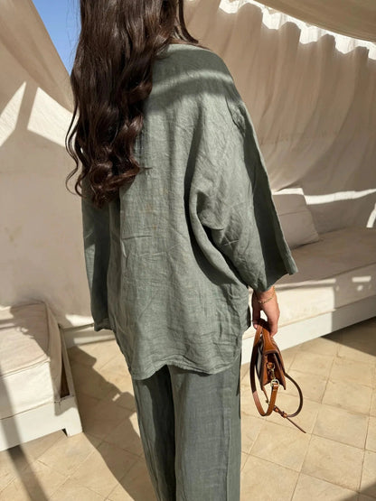 Women's breathable cotton-linen two piece set | Relaxed button shirt and wide-leg trousers 11