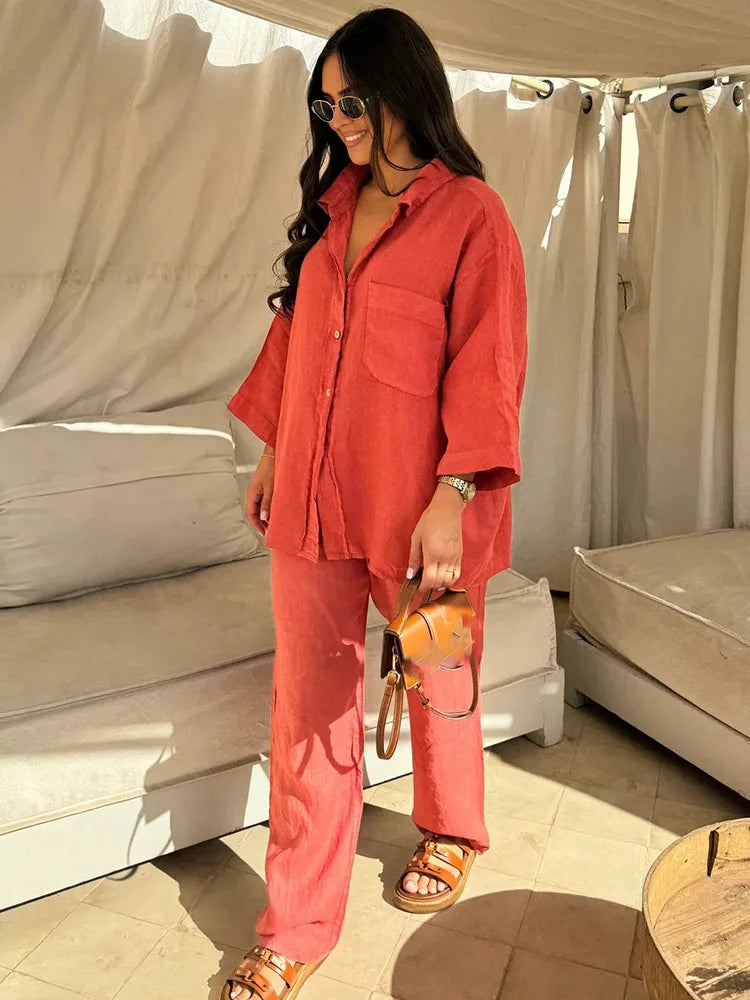 Women's breathable cotton-linen two piece set | Relaxed button shirt and wide-leg trousers 2