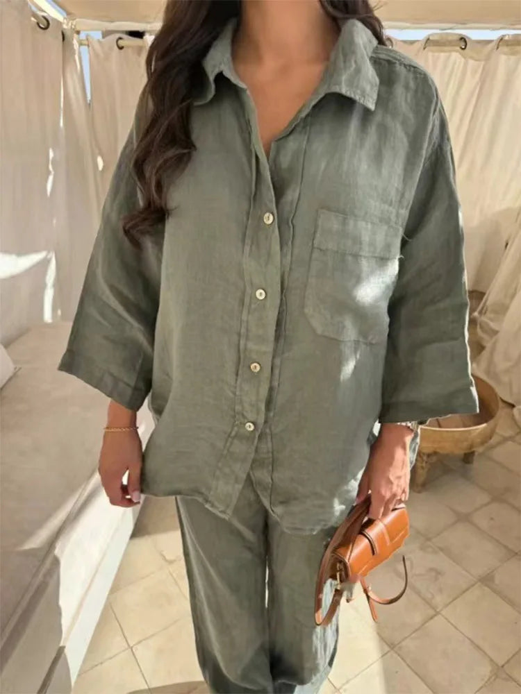 Women's breathable cotton-linen two piece set | Relaxed button shirt and wide-leg trousers 4