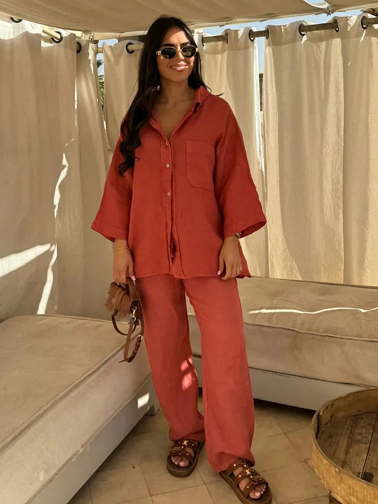 Women's breathable cotton-linen two piece set | Relaxed button shirt and wide-leg trousers 7