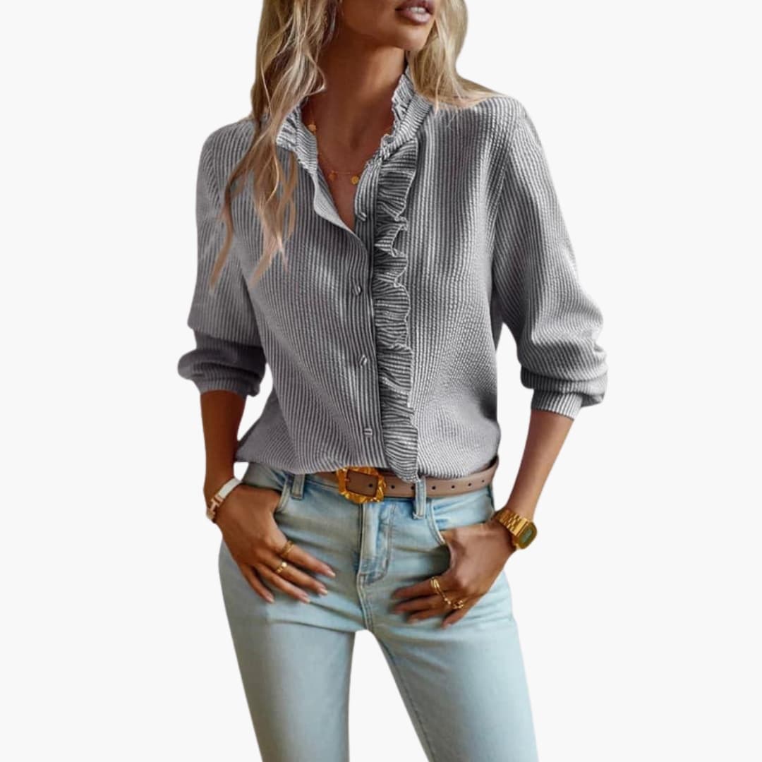 Women's woven ruffle front blouse | Long sleeve button-up top for versatile styling 2