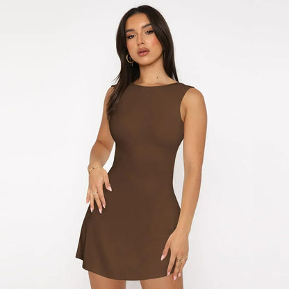 Women's Elegant A-Line Mini Dress | Flattering Sleeveless Evening Outfit-Mykonostore-Brown-XS-Mykonostore