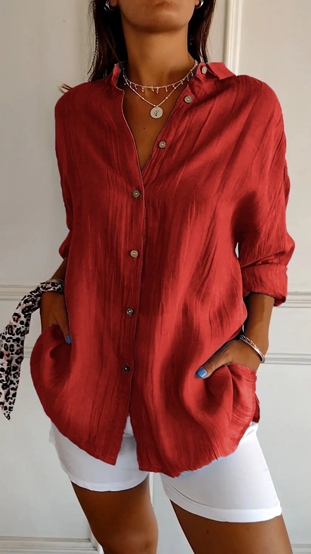 Women's Elegant Synthetic Blend Shirt | Flattering Pleated Design for Versatile Styling-Mykonostore-Red-S-Mykonostore