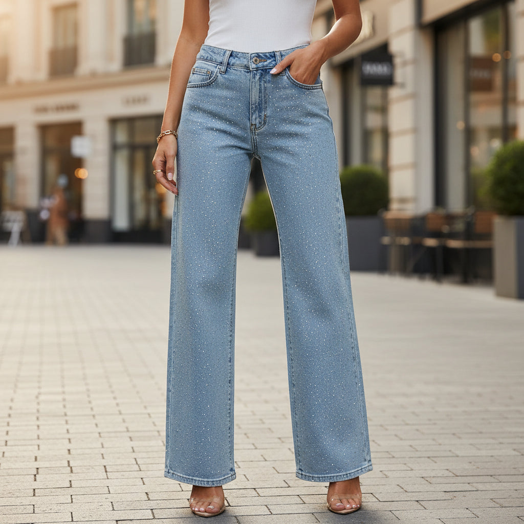 High-waisted women's jeans featuring glittering details, designed for casual outings. - 2