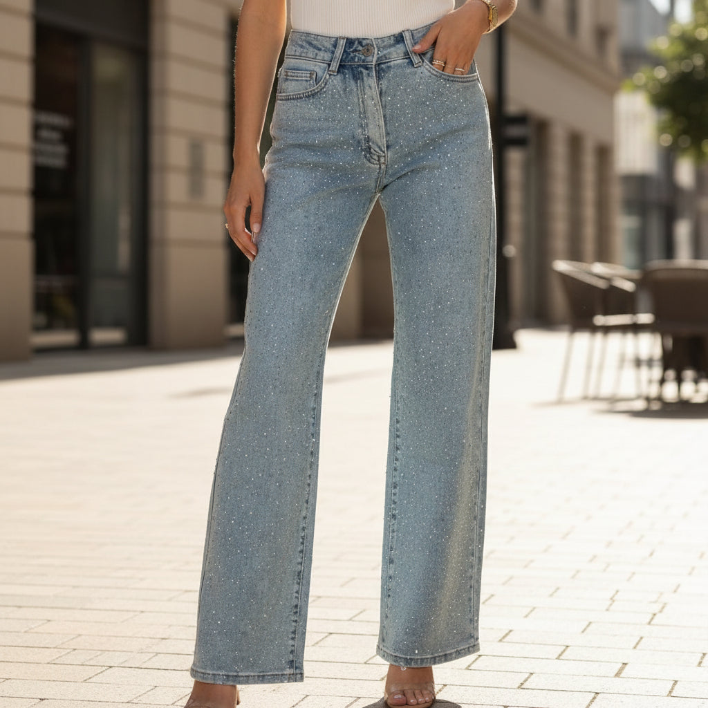 High-waisted women's jeans featuring glittering details, designed for casual outings. - 1