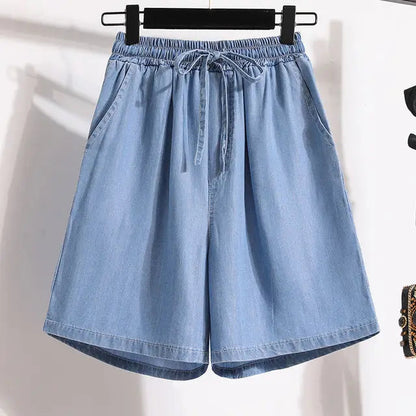 Denim Women's High-Waisted Drawstring Elastic Waist Loose Fit Jean Shorts